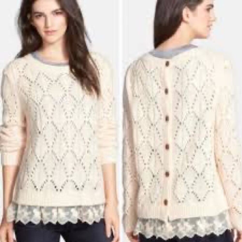 Hinge Button Back Lace Trim Sweater